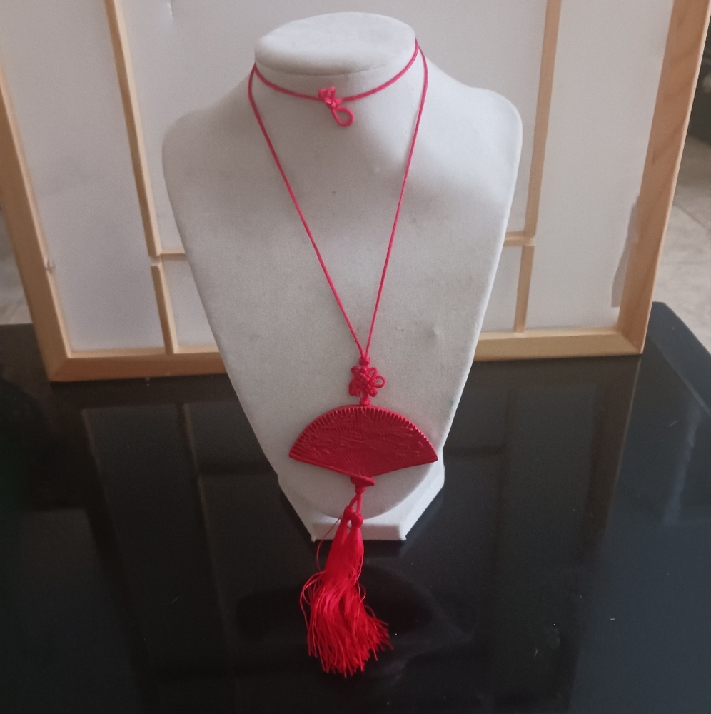 Fan Pendant Necklace Cinnerbar Faux? Red Asia Fan, Silk Sting Chain.